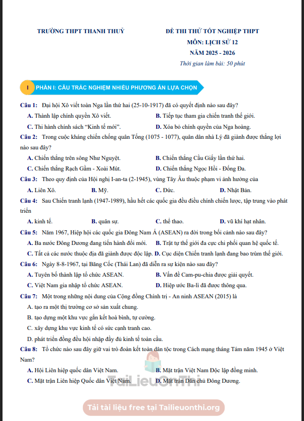 Đề thi thử Lịch Sử THPT 2026 – THPT Thanh Thủy