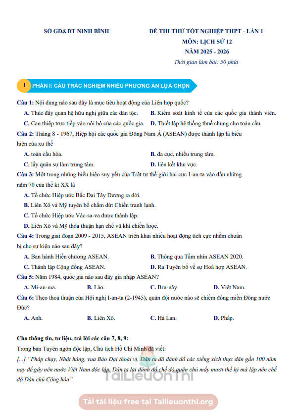 Đề thi thử Lịch Sử THPT 2026 – Sở GD&ĐT Ninh Bình