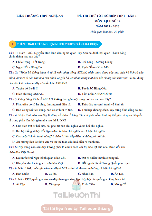 Đề thi thử Lịch Sử THPT 2026 – Liên trường THPT Nghệ An