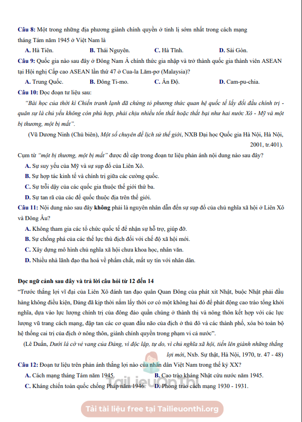 Đề thi thử Lịch Sử THPT 2026 – Liên trường THPT Nghệ An