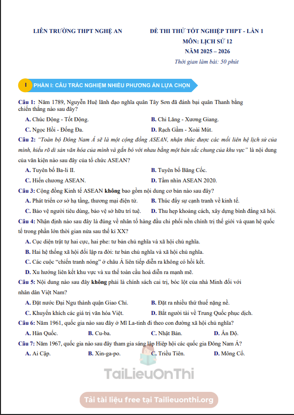Đề thi thử Lịch Sử THPT 2026 – LIÊN TRƯỜNG THPT NGHỆ AN