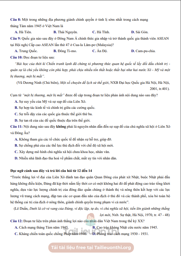 Đề thi thử Lịch Sử THPT 2026 – LIÊN TRƯỜNG THPT NGHỆ AN