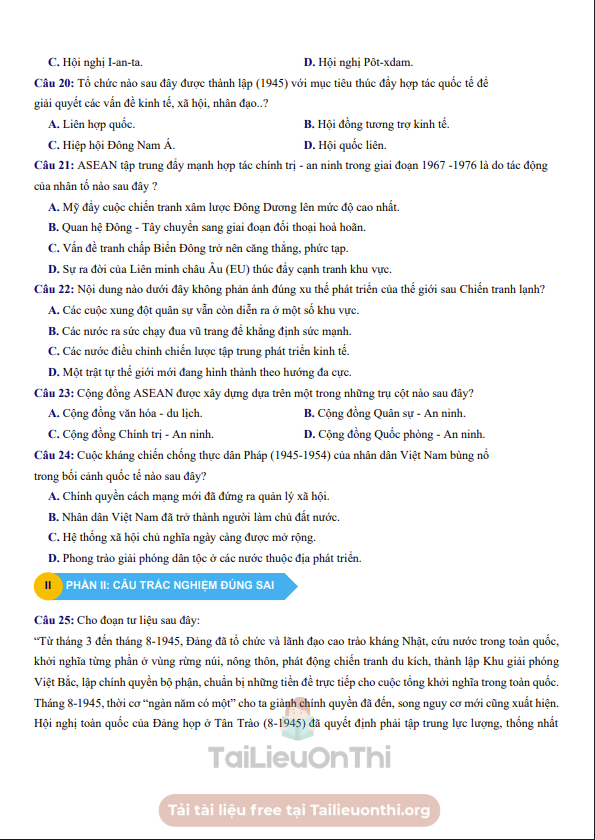 Đề thi thử Lịch Sử THPT 2026 – LIÊN TRƯỜNG THPT NGHỆ AN