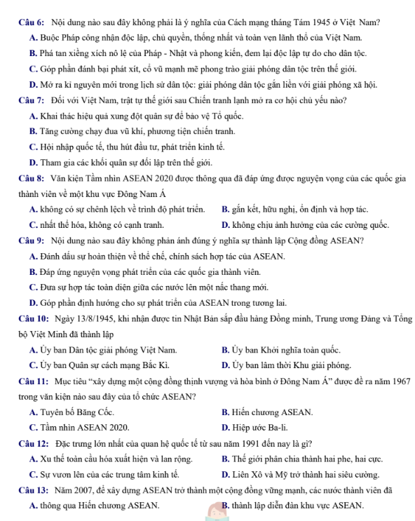 Đề thi thử Lịch Sử THPT 2026 – Trường THPT ẩn danh