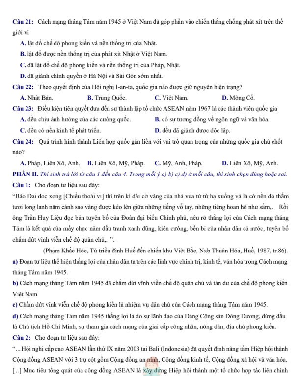 Đề thi thử Lịch Sử THPT 2026 – Trường THPT ẩn danh