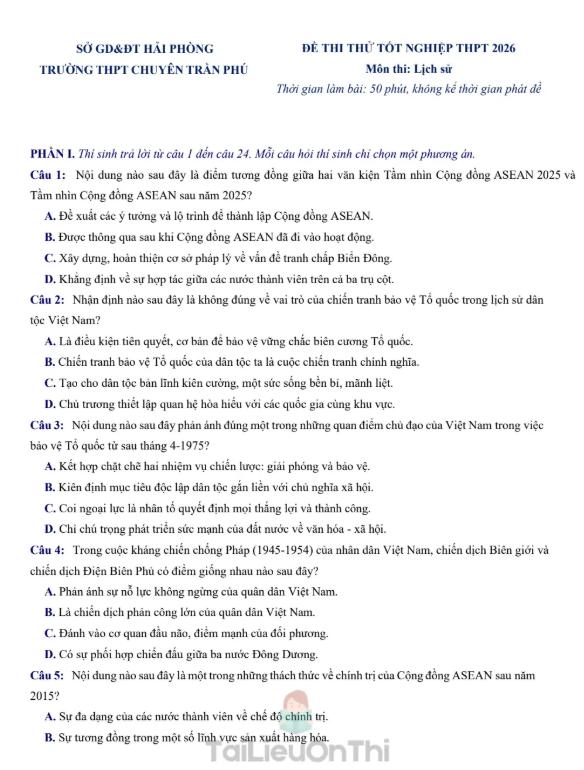 Đề thi thử Lịch Sử THPT 2026 – Sở GD&ĐT Hải Phòng