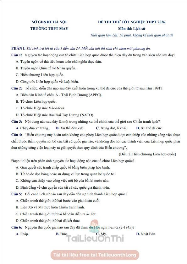 Đề thi thử Lịch Sử THPT 2026 – Sở GD&ĐT Hà Nội - Trường THPT May