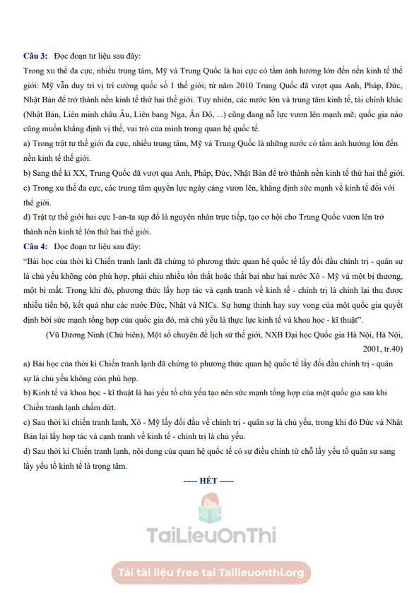 Đề thi thử Lịch sử THPT 2026 – Sở GD&ĐT Hà Nội