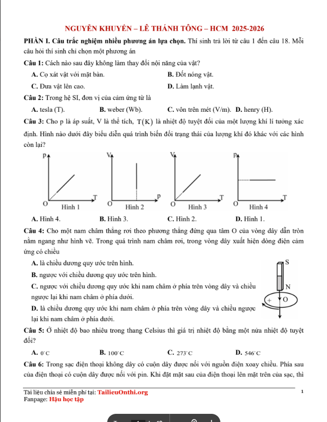Đề thi thử Vật Lý THPT 2026 – NGUYÊN KHUYẾN – LÊ THÀNH TÔNG