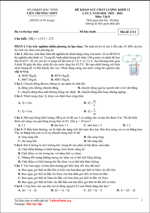 Đề thi thử Vật Lý THPT 2026 – Sở GD&ĐT Bắc Ninh, Liên Trường THPT