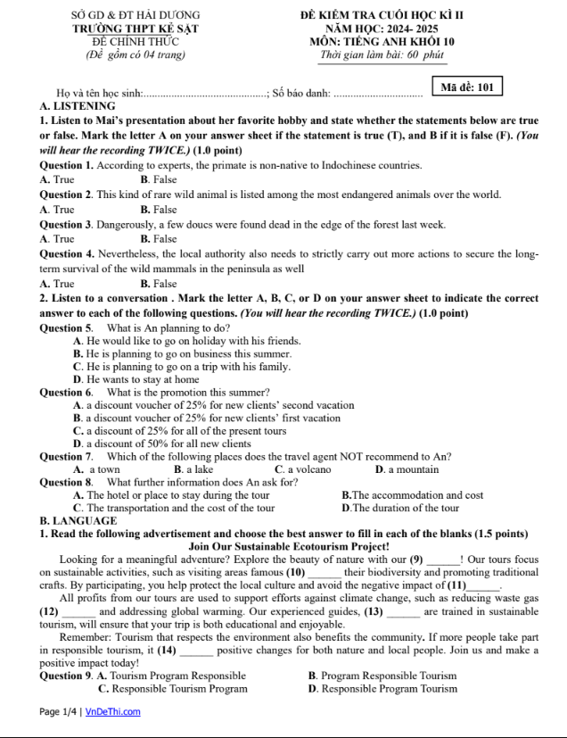 Đề thi thử Tiếng Anh THPT 2025 – TRƯỜNG THPT KẺ SẶT