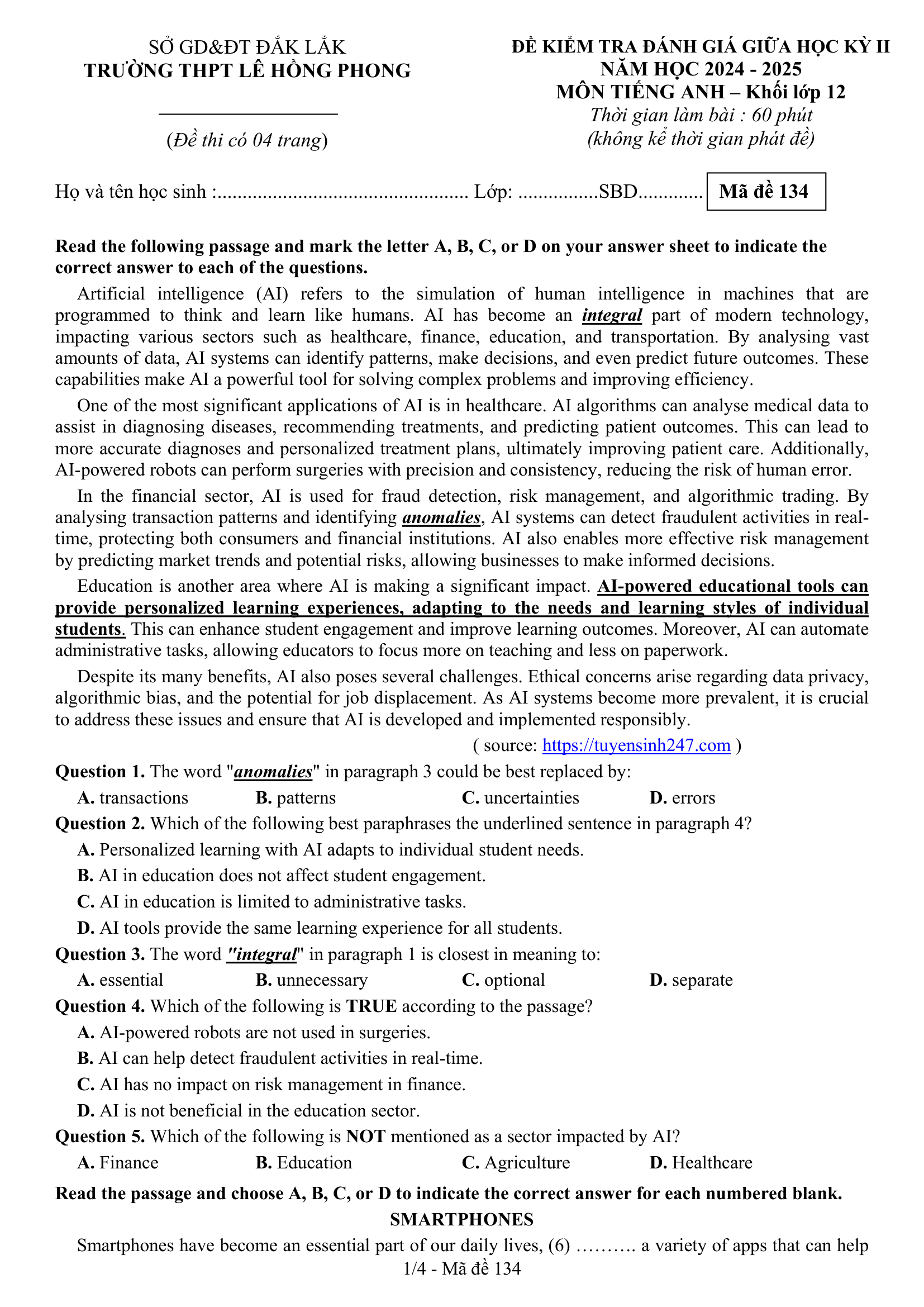 Đề thi thử Tiếng Anh THPT 2025 – THPT LÊ HỒNG PHONG