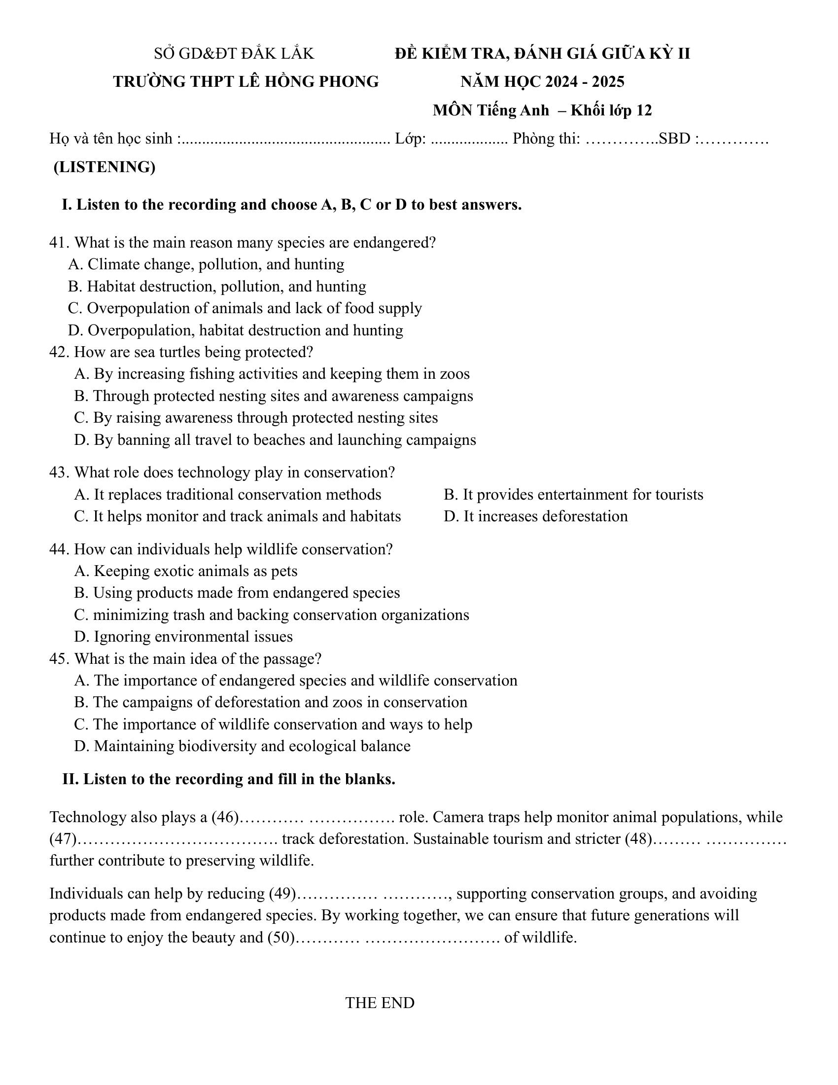 Đề thi thử Tiếng Anh THPT 2025 – THPT LÊ HỒNG PHONG