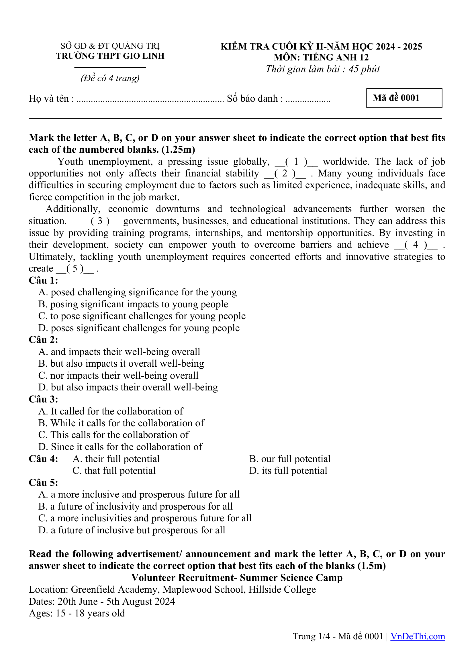 Đề thi thử Tiếng Anh THPT 2025 – SỞ GD & ĐT QUẢNG TRỊ, TRƯỜNG THPT GIO LINH