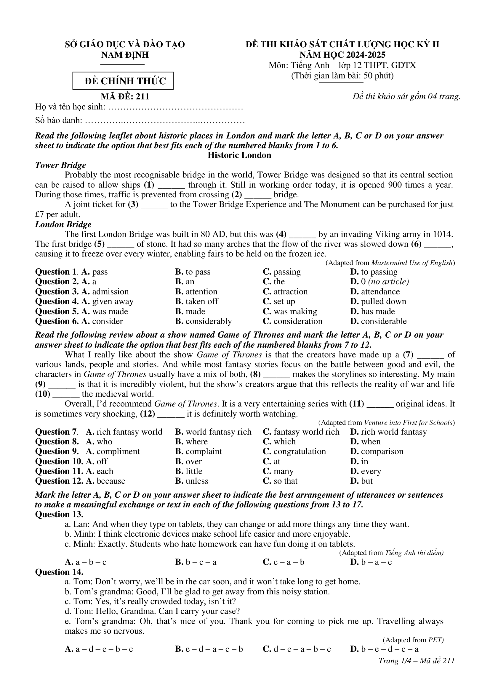 Đề thi thử Tiếng Anh THPT 2025 – Sở GDĐT Nam Định