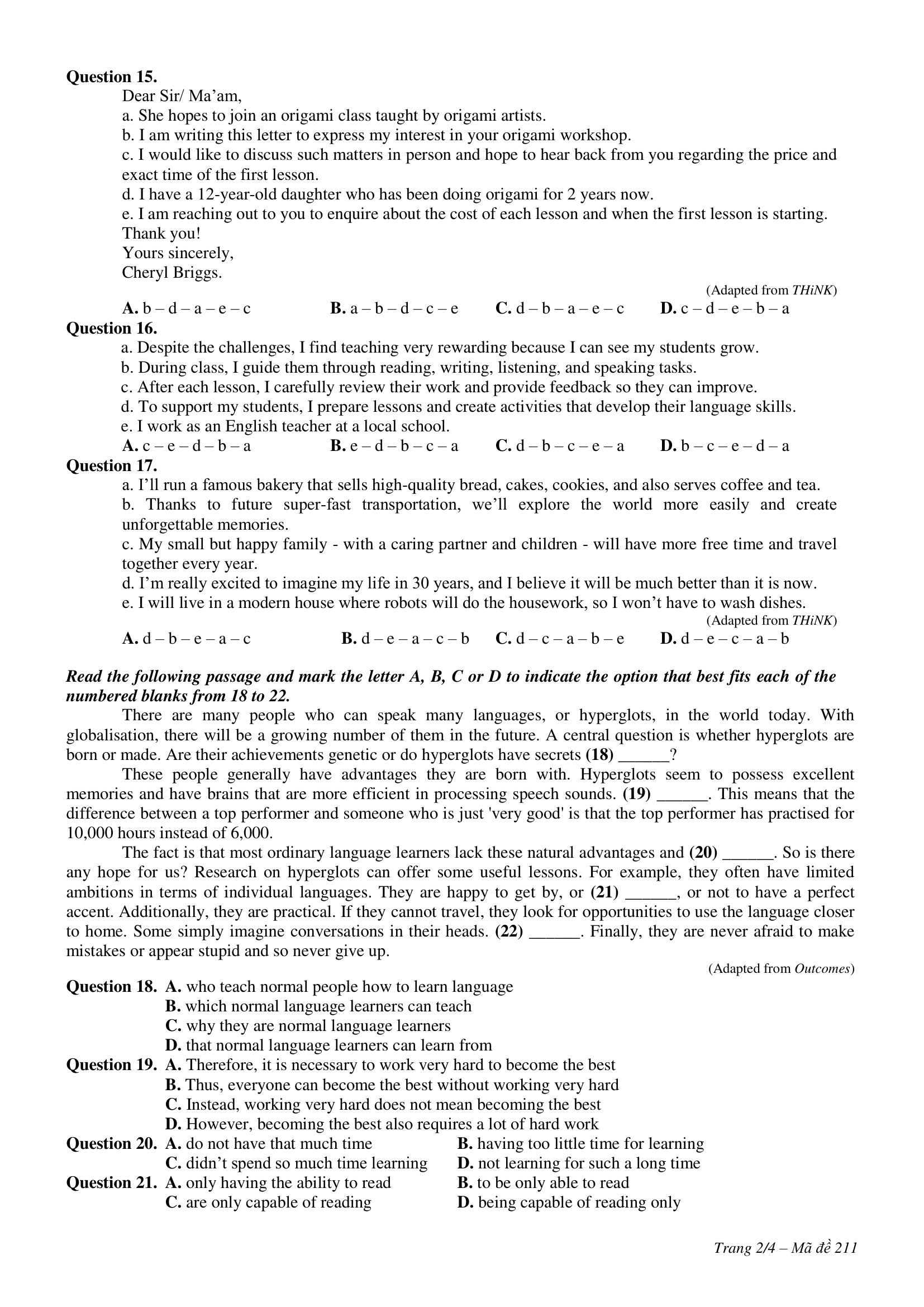 Đề thi thử Tiếng Anh THPT 2025 – Sở GDĐT Nam Định