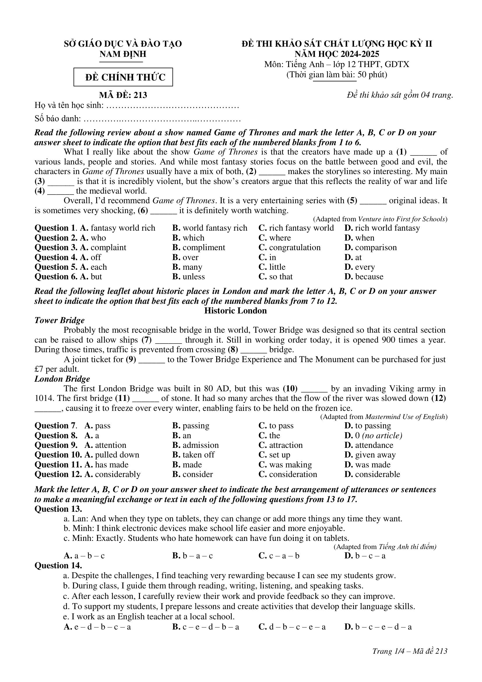 Đề thi thử Tiếng Anh THPT 2025 – Sở GDĐT Nam Định