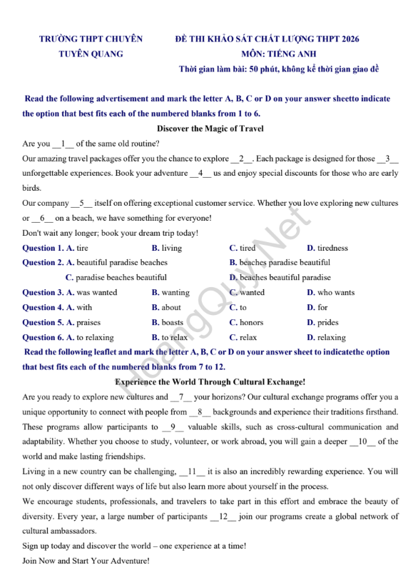 Đề thi thử Tiếng Anh THPT 2026 – THPT Chuyên Tuyên Quang