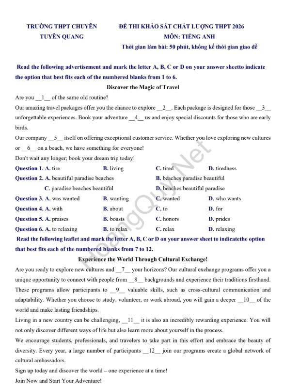 Đề thi thử Tiếng Anh THPT 2026 – TRƯỜNG THPT CHUYÊN TUYÊN QUANG