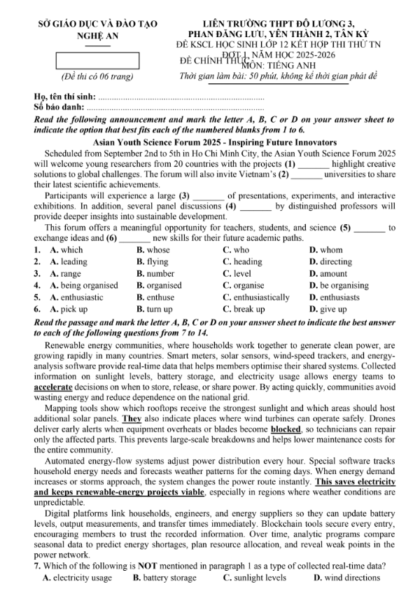 Đề thi thử Tiếng Anh THPT 2026 – LIÊN TRƯỜNG THPT ĐÔ LƯƠNG 3, PHAN ĐĂNG LƯU, YÊN THÀNH 2, TÂN KỲ
