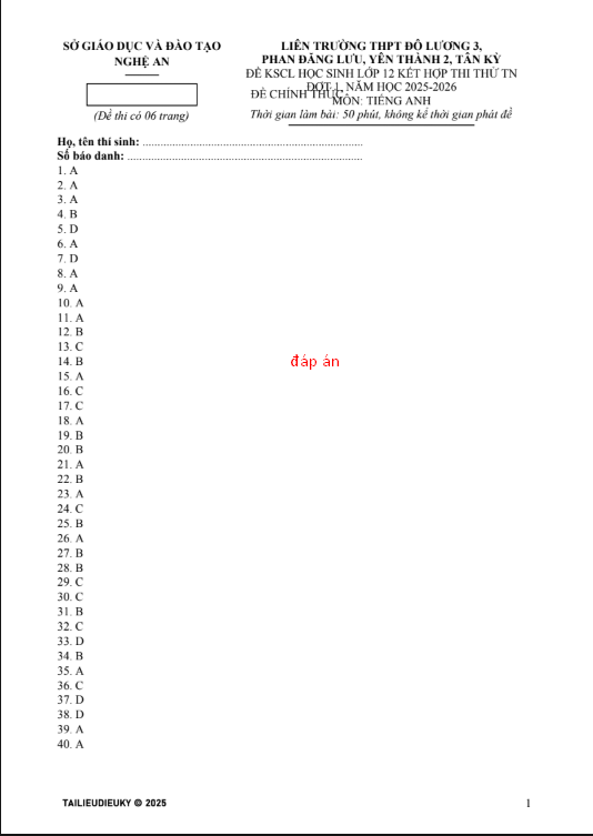 Đề thi thử Tiếng Anh THPT 2026 – LIÊN TRƯỜNG THPT ĐỖ LƯƠNG 3, PHAN ĐĂNG LƯU, YÊN THÀNH 2, TÂN KỲ