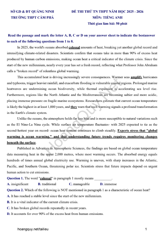Đề thi thử Tiếng Anh THPT 2026 – Sở GD&ĐT Quảng Ninh, THPT Cẩm Phả