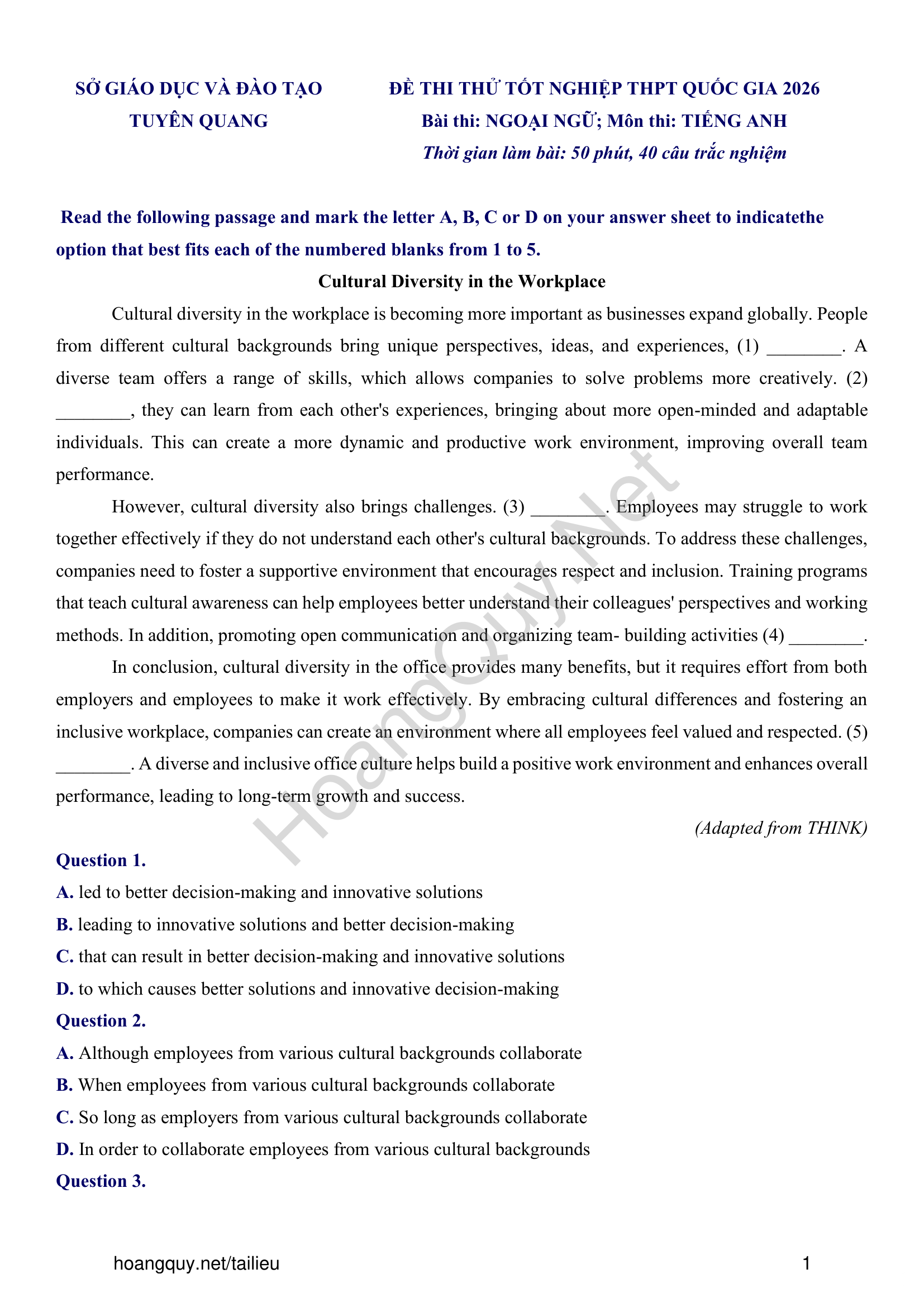 Đề thi thử Tiếng Anh THPT 2026 – Sở GDĐT Tuyên Quang