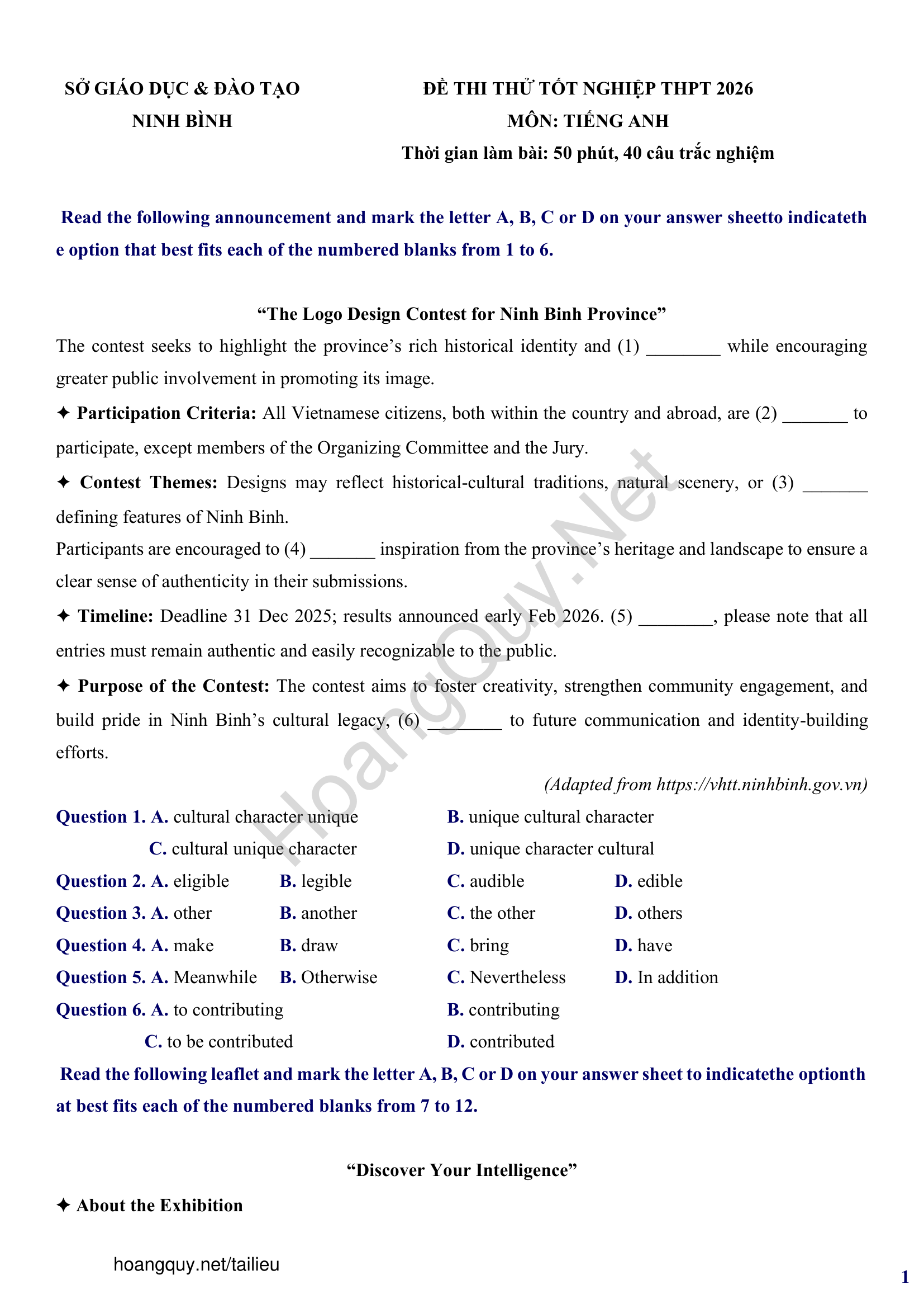 Đề thi thử Tiếng Anh THPT 2026 – SỞ GIÁO DỤC & ĐÀO TẠO