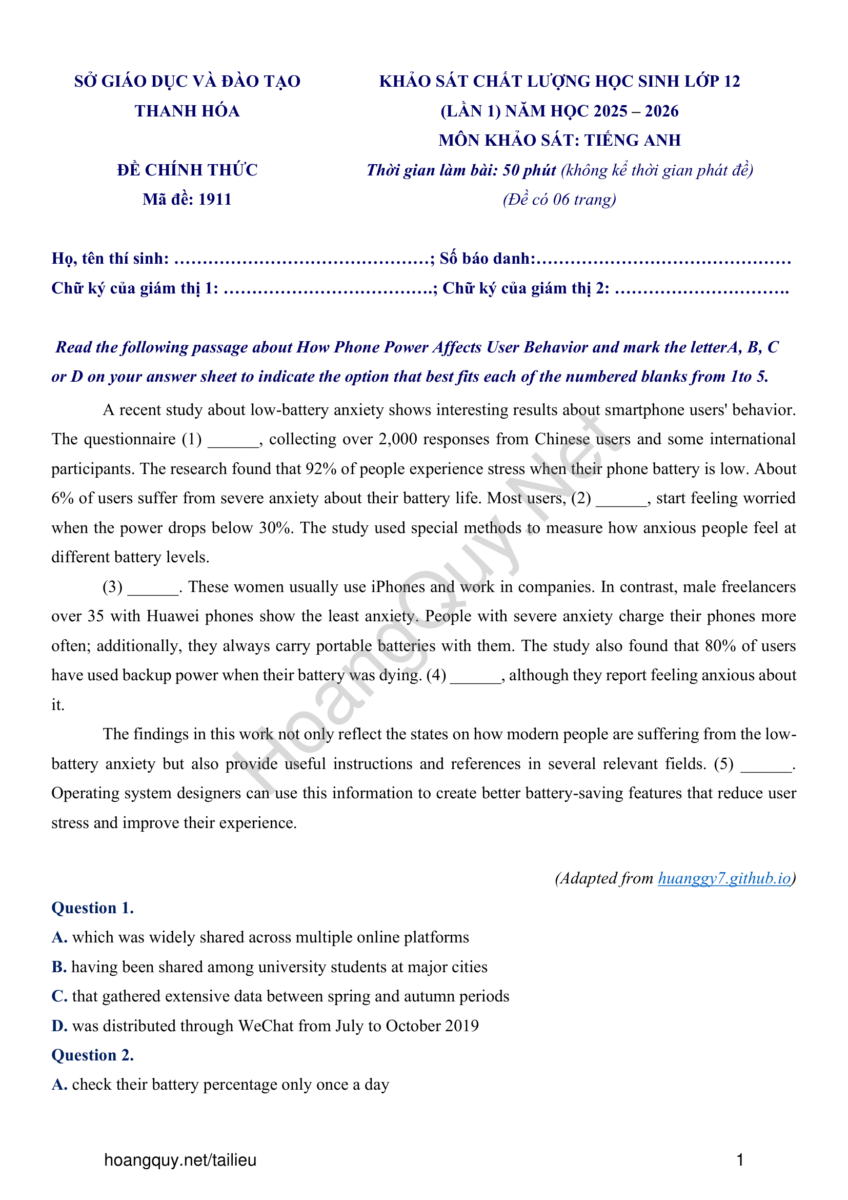 Đề thi thử Tiếng Anh THPT 2026 – Sở GDĐT Thanh Hóa