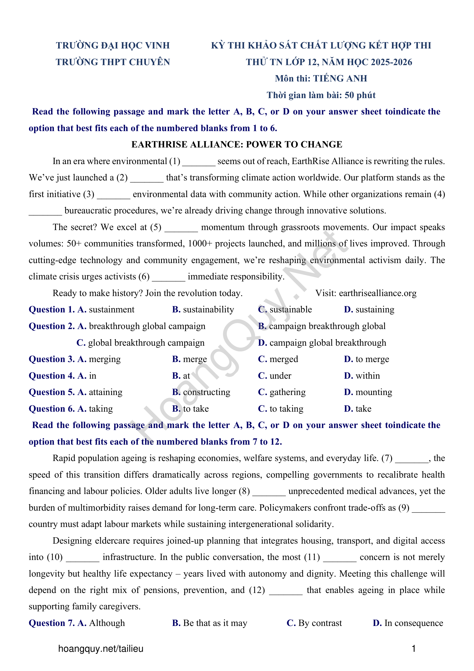 Đề thi thử Tiếng Anh THPT 2026 – Trường THPT Chuyên, Đại học Vinh