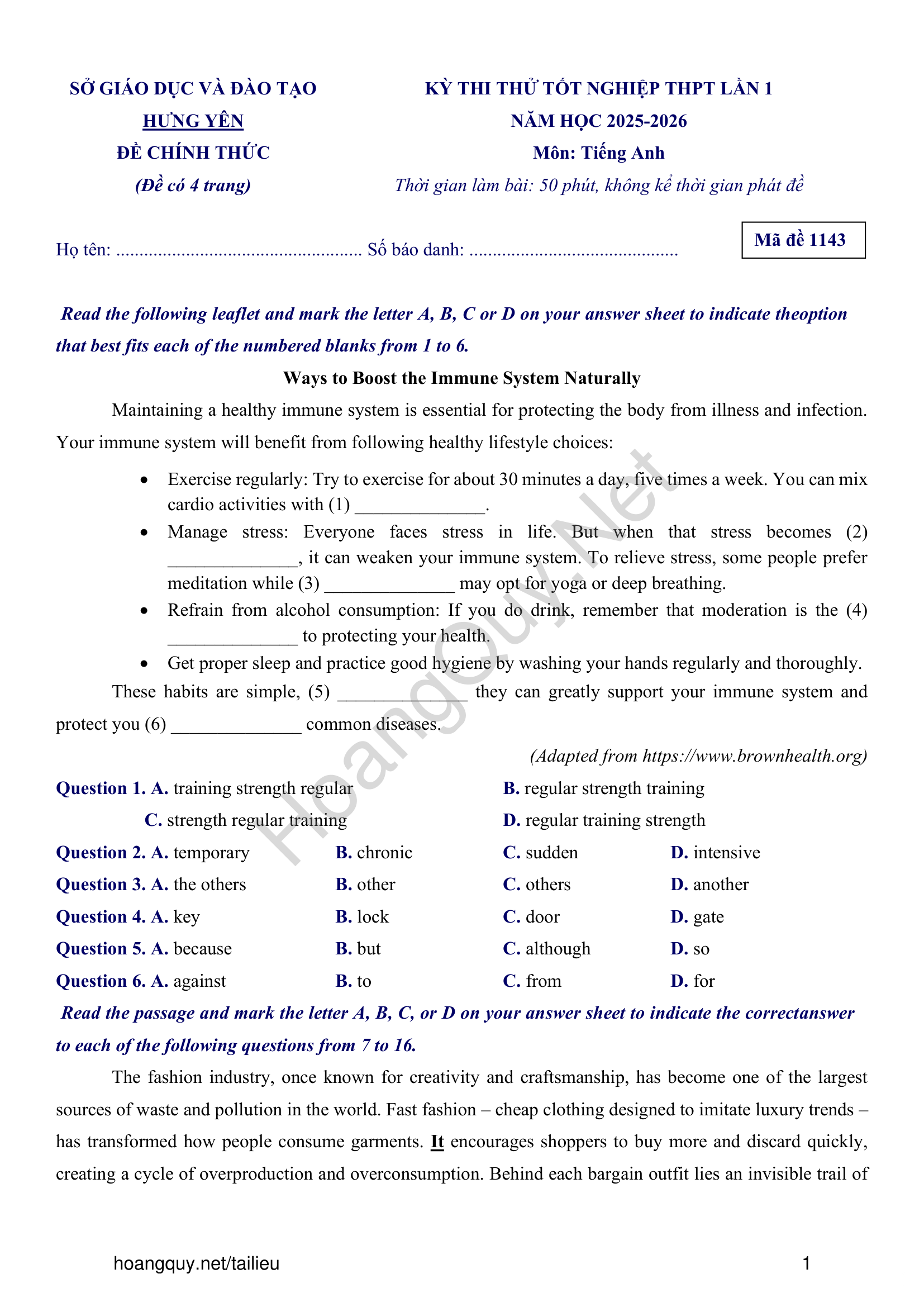 Đề thi thử Tiếng Anh THPT 2026 – Sở GDĐT Hưng Yên