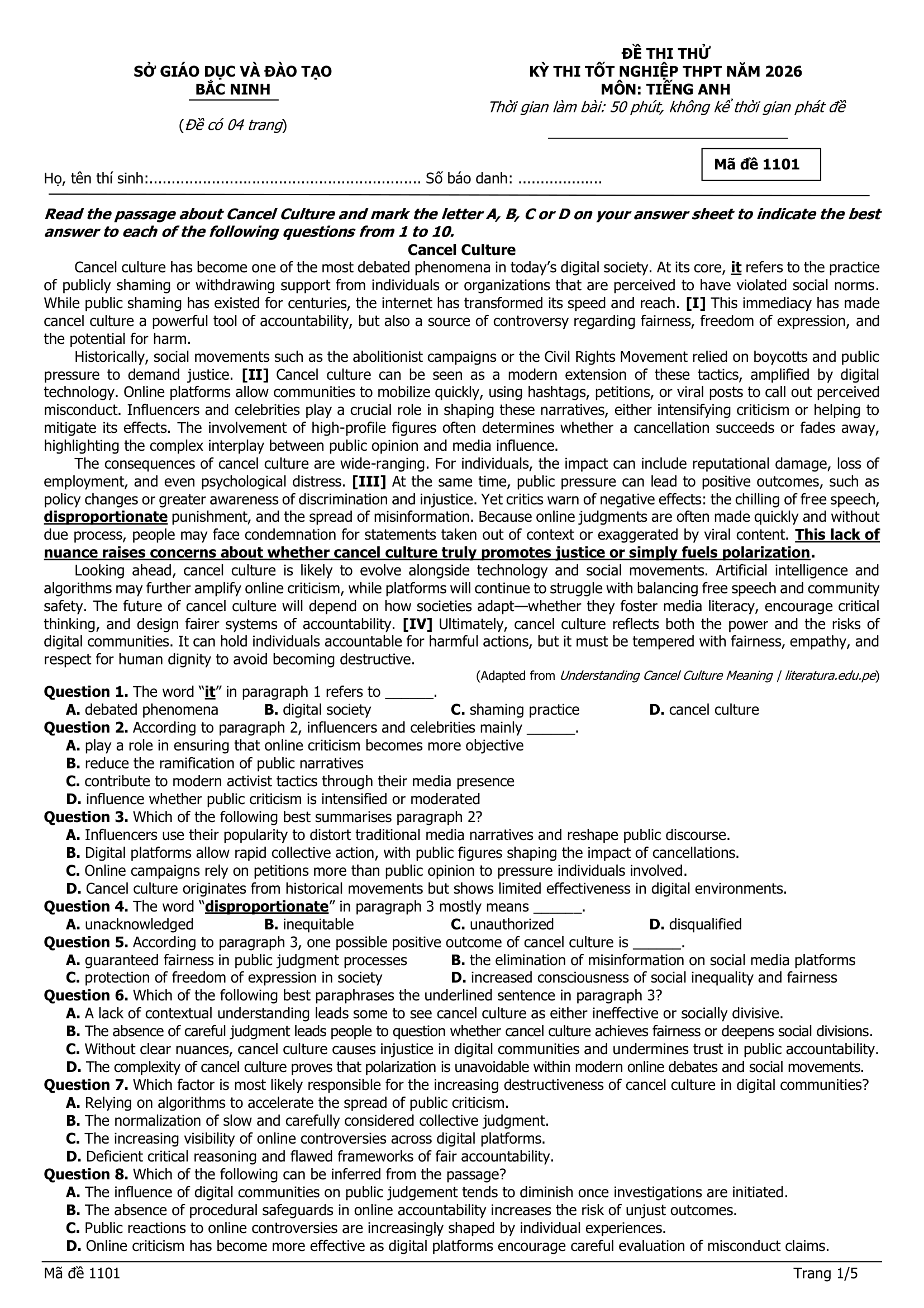 Đề thi thử Tiếng Anh THPT 2026 – Sở GIÁO DỤC VÀ ĐÀO TẠO BẮC NINH