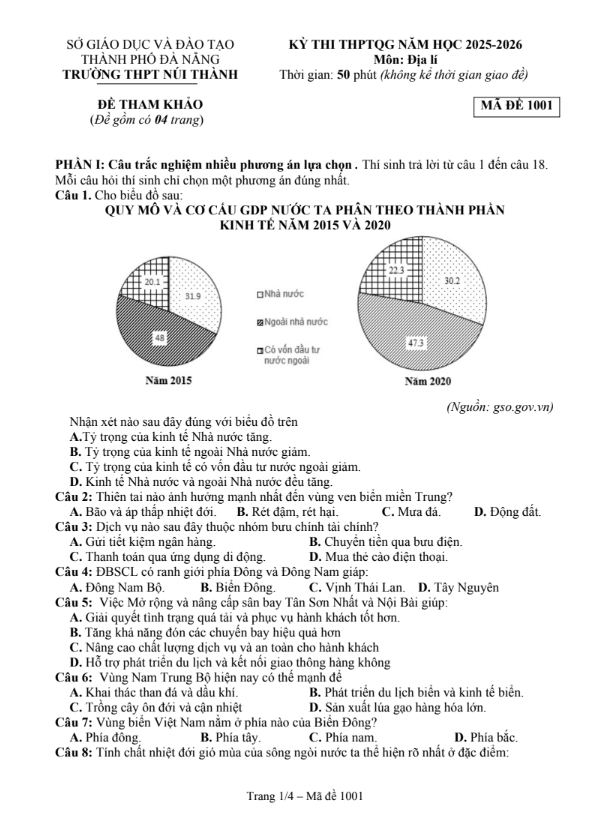 Đề thi thử Địa Lí THPT 2026 – THPT Núi Thành