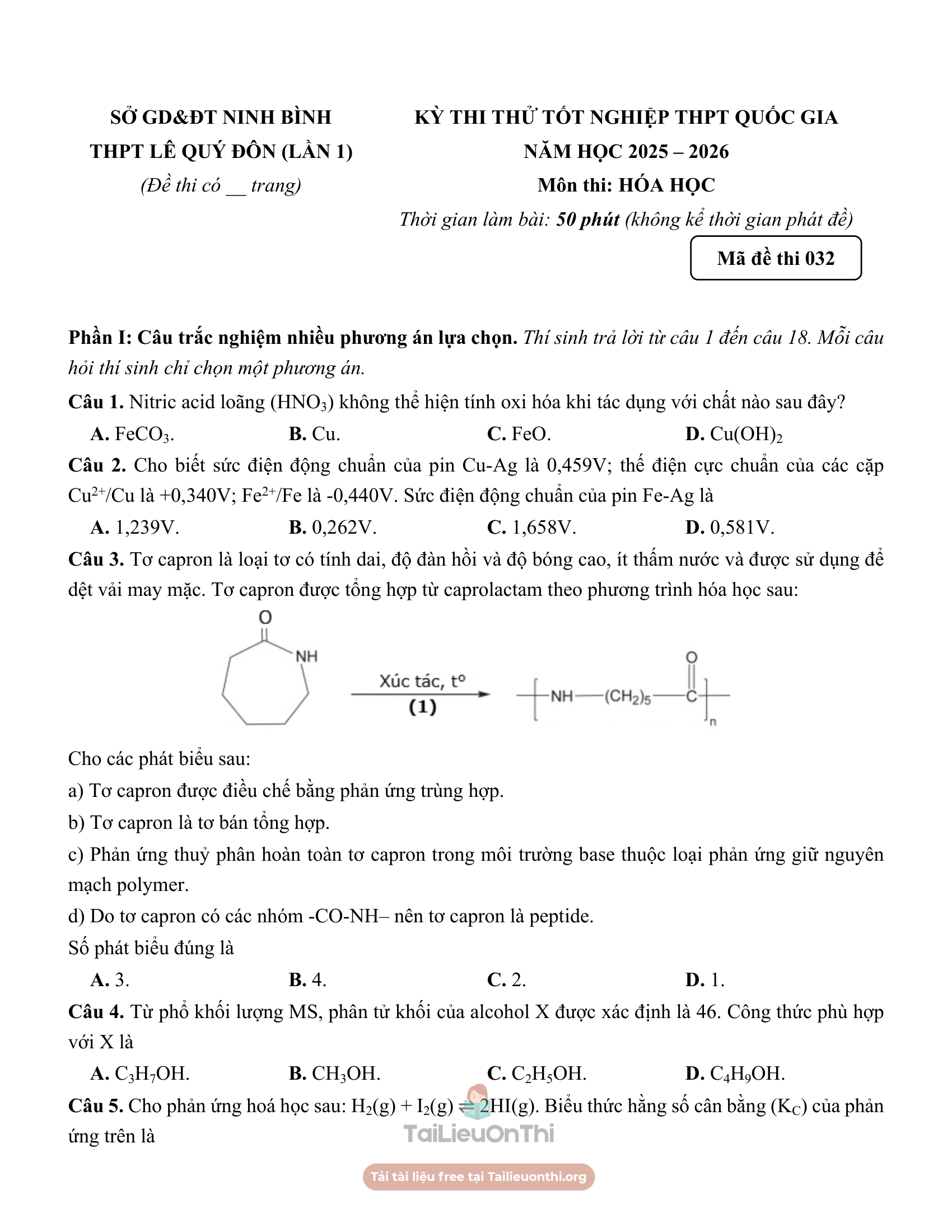 Đề thi thử Hóa Học THPT 2026 – THPT LÊ QUÝ ĐÔN