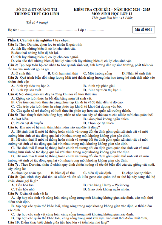 Đề thi thử Sinh Học THPT 2025 – THPT GIO LINH