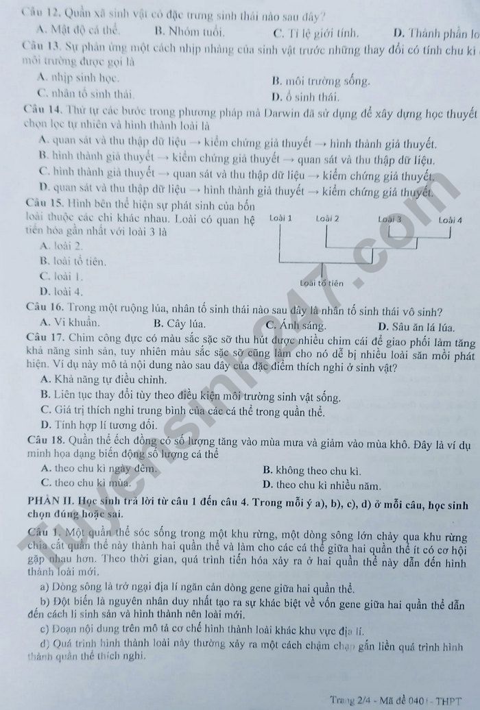 Đề thi thử Sinh Học THPT 2025 – SỞ GIÁO DỤC VÀ ĐÀO TẠO