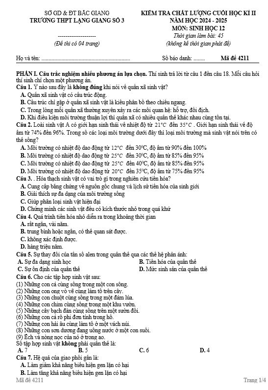 Đề thi thử Sinh Học THPT 2025 – TRƯỜNG THPT LẠNG GIANG SỐ 3