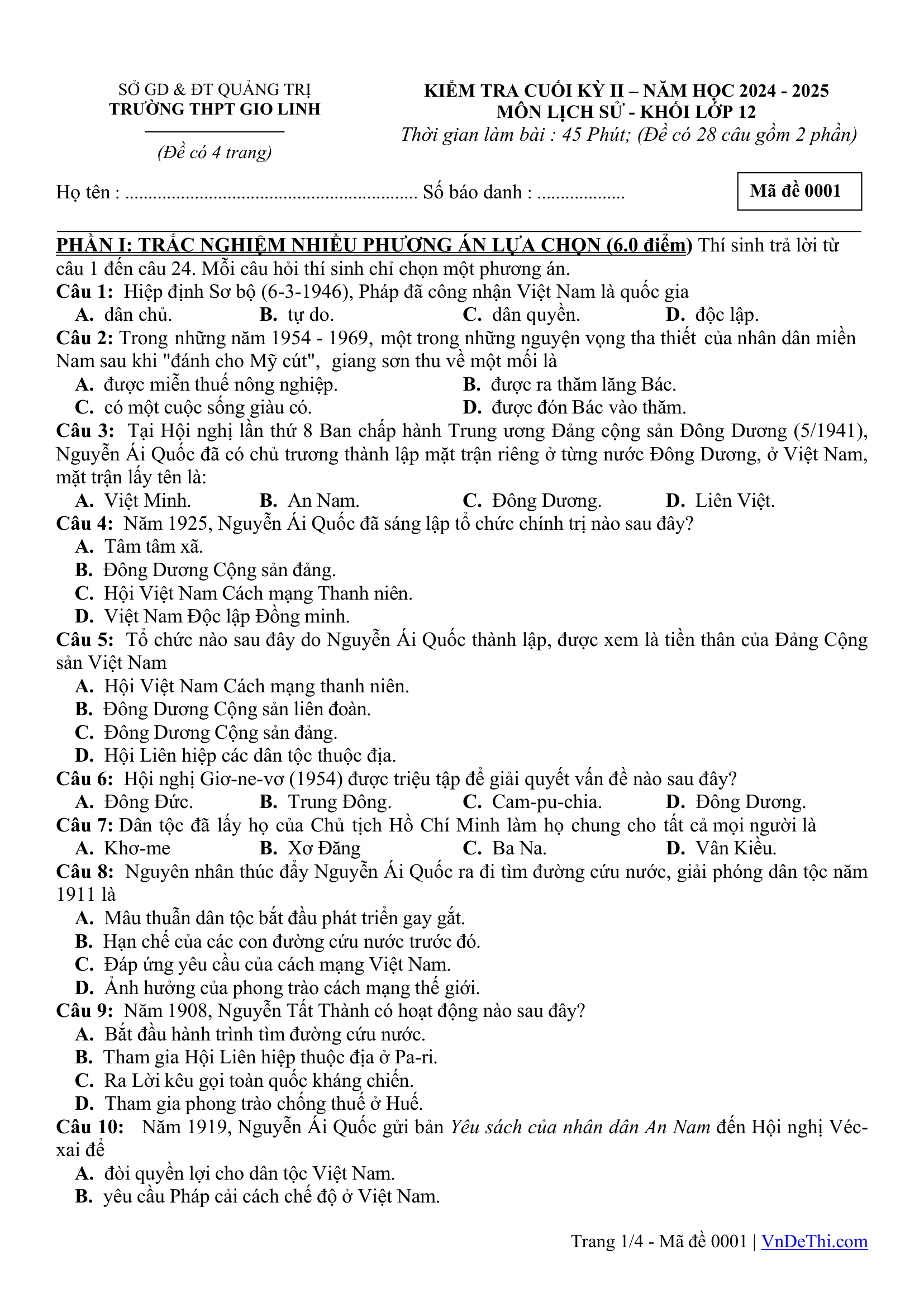 Đề thi thử Lịch Sử THPT 2025 – TRƯỜNG THPT GIO LINH
