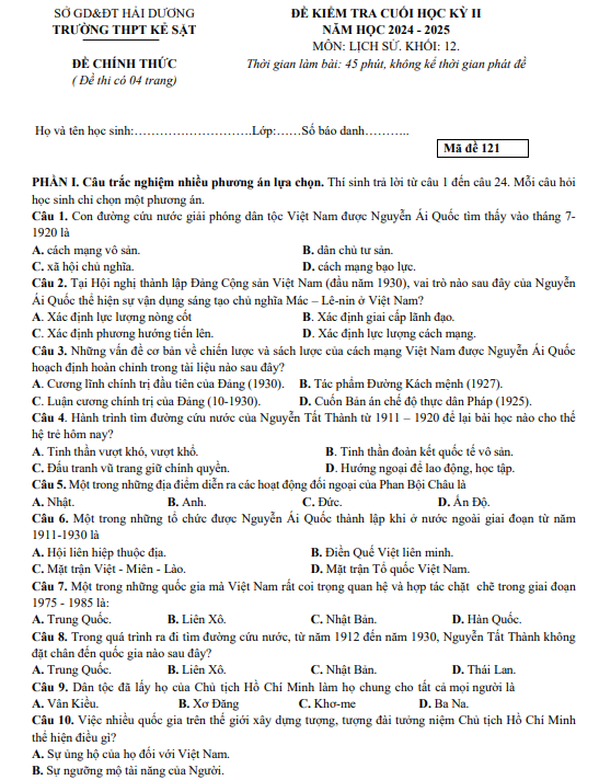 Đề thi thử Lịch Sử THPT 2025 – TRƯỜNG THPT KẺ SẶT