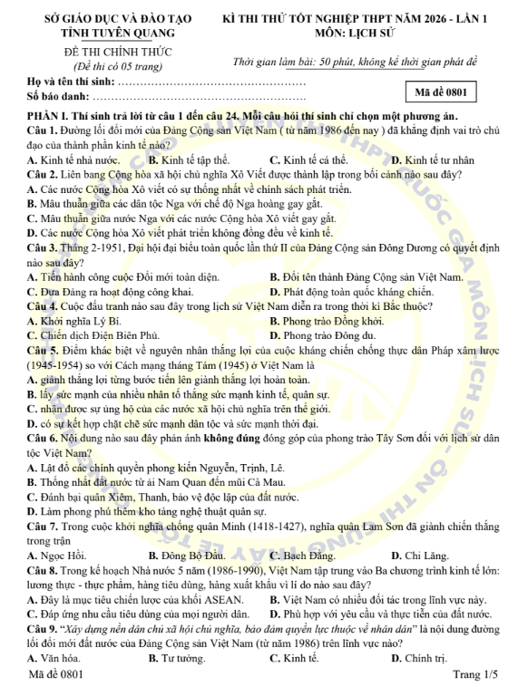 Đề thi thử Lịch Sử THPT 2026 – Sở GDĐT Tuyên Quang