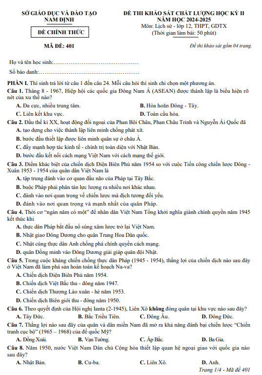Đề thi Lịch Sử THPT 2026 – Mã đề 401