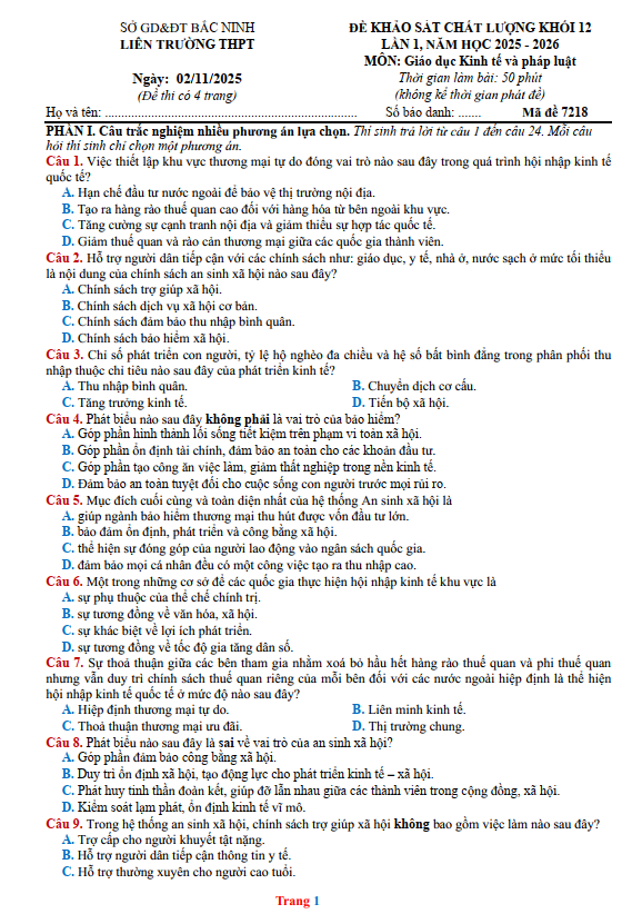 Đề thi thử GDKT&PL THPT 2025 – Sở GD&ĐT Bắc Ninh