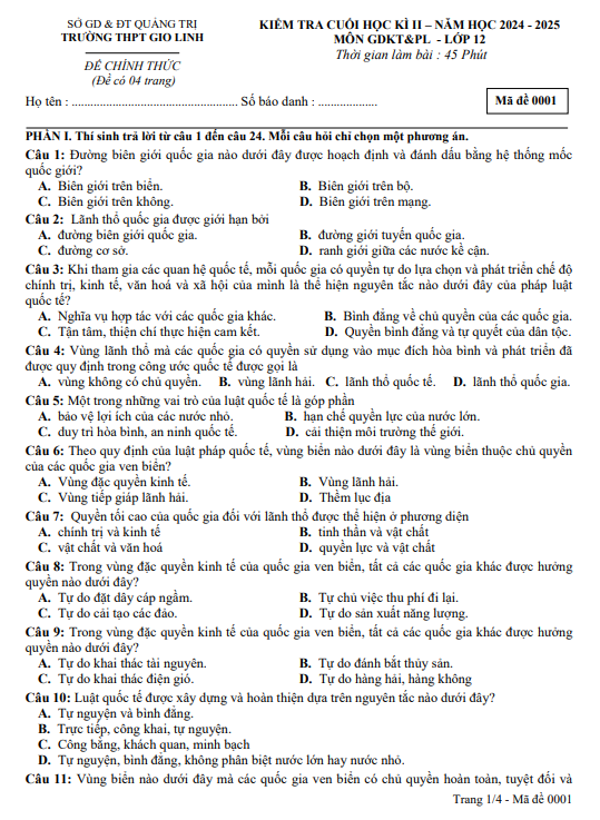 Đề thi thử GDKT&PL THPT 2025 – THPT GIO LINH