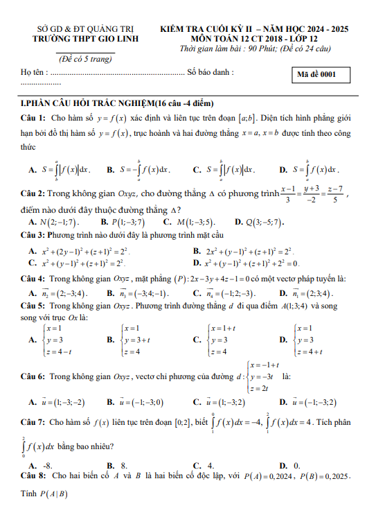 Đề thi thử Toán THPT 2025 – TRƯỜNG THPT GIO LINH