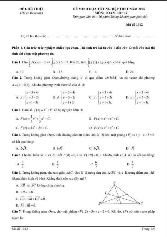 Đề thi thử Toán THPT 2026 – Trường THPT ẩn danh