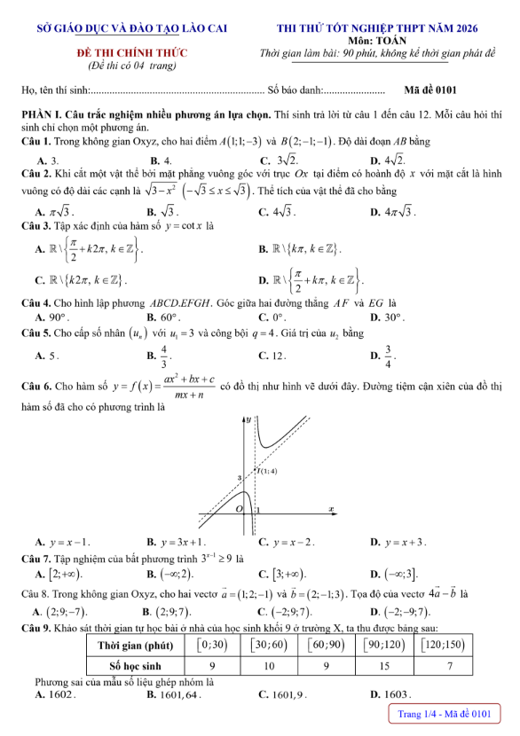 Đề thi thử Toán THPT 2026 – Sở GDĐT Lào Cai