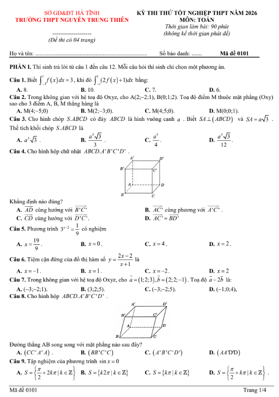 Đề thi thử Toán THPT 2026 – Sở GD&ĐT Hà Tĩnh