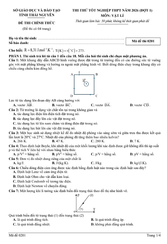 Đề thi thử Vật Lý THPT 2026 – Sở GDĐT Thái Nguyên